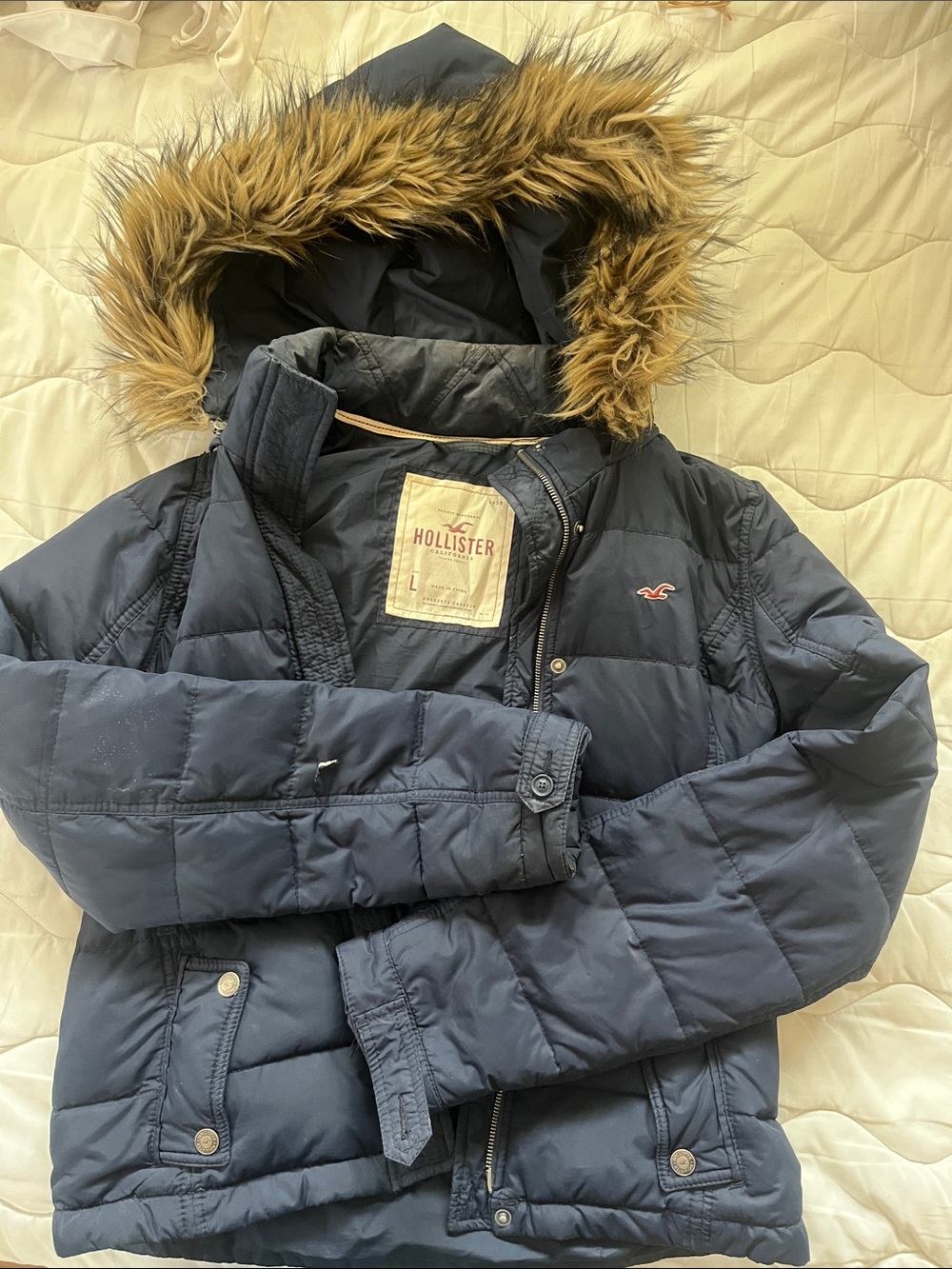 Hollister Girls Navy Blue Puffer Coat with Faux Fur Hood